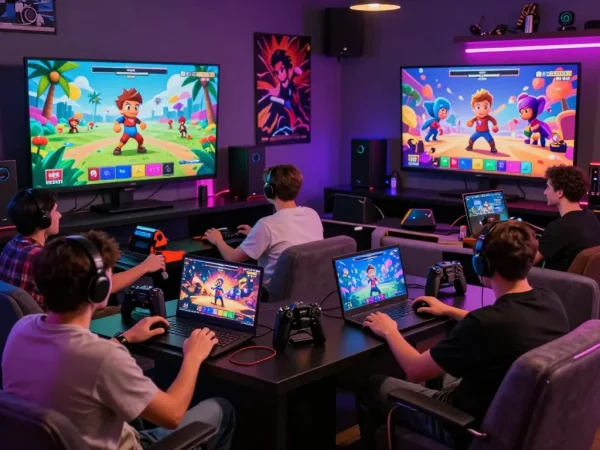Group of adults enjoying interactive porn games HTML in a vibrant gaming lounge with animated characters on screens.