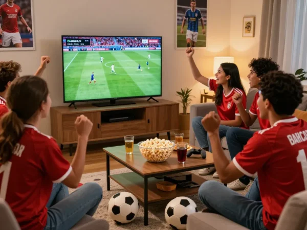 Friends cheering while watching Cakhia tv live football broadcast in a cozy living room with snacks.