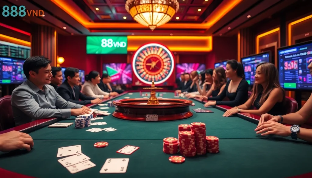 Experience the luxurious atmosphere of 888VND with live dealer games and vibrant casino elements.