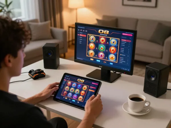 Player enjoying a vibrant O8 slot game on tablet in a cozy home environment