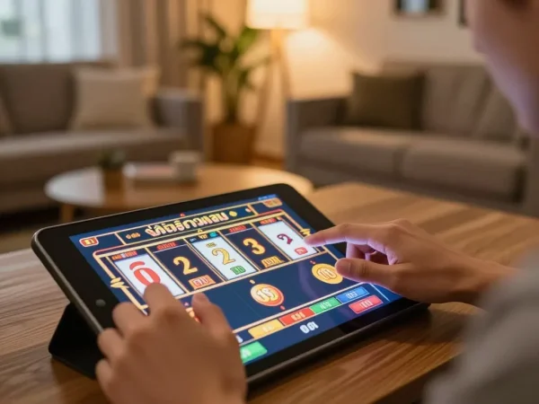 Engaging in สล็อตวอเลท gameplay on a tablet in a cozy living room environment