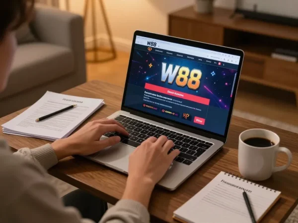 Person engaging with W88 online casino interface at home, showcasing strategic gameplay.