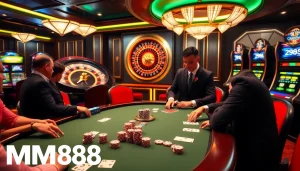 Players enjoying poker at a luxurious casino, representing https://mm88.br.com/ gaming excitement and strategy.