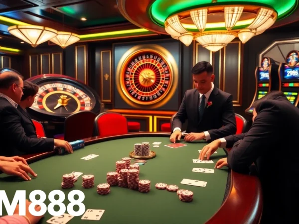Players enjoying poker at a luxurious casino, representing https://mm88.br.com/ gaming excitement and strategy.