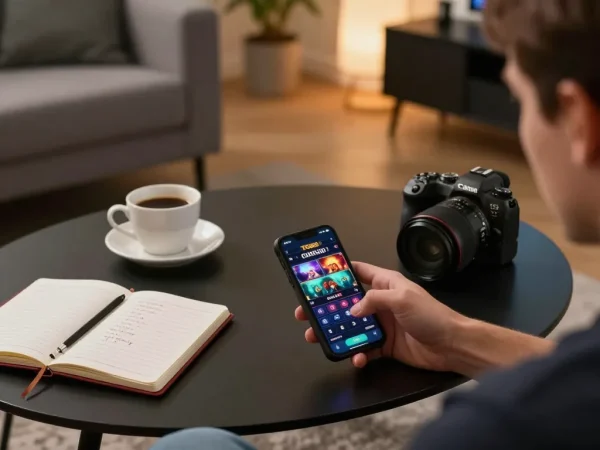 TG88 casino player engaging with a smartphone app in a cozy home setting, showcasing strategic betting