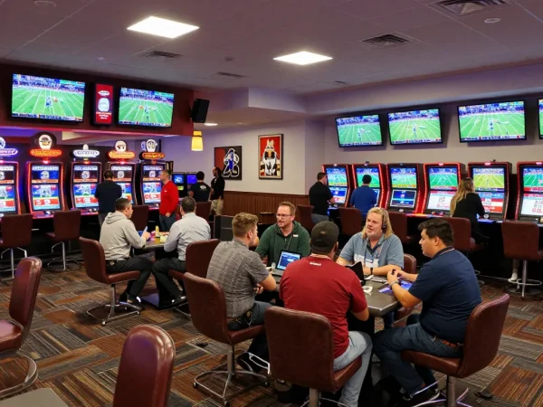 Dynamic sportsbook scene at tg88 trang chủ showing enthusiastic bettors engaged in live sports betting.