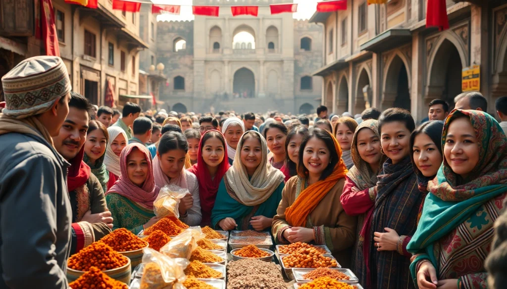 Energizing portrayal of the Uyghurs Community celebrating cultural heritage in a lively market scene.