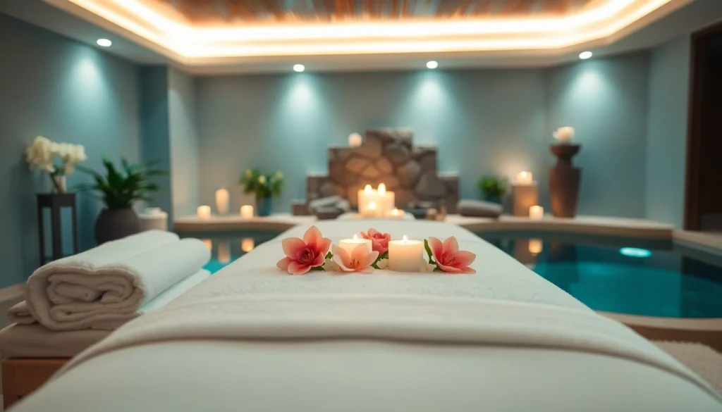 차분한 분위기, 편안한 색상, 고급스러운 장식이 있는 마사지룸.