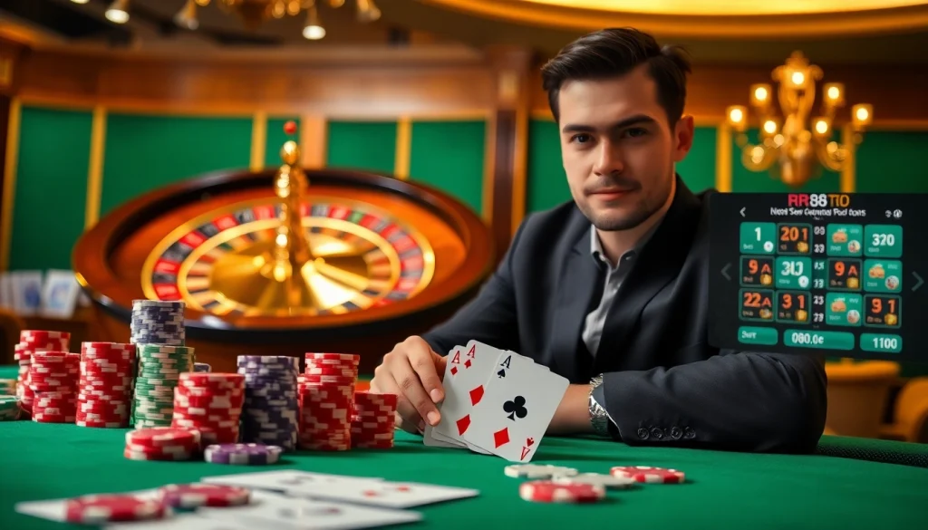 Experience the thrill of RR88 with vibrant poker chips and winning cards on a casino table.