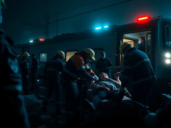 Emergency responders at the spain train crash site, aiding injured individuals in a dramatic setting.