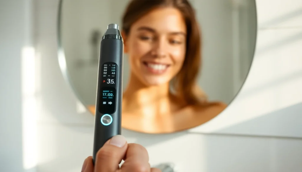The mole freckle pen being used for skin treatment in a modern bathroom setting, showcasing its design and digital control.