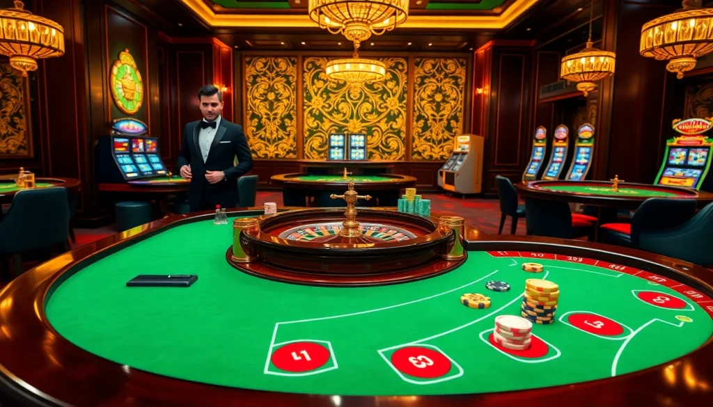 Excitation du Casino en Ligne Français à une table de jeu luxueuse, mettant en avant des jetons de poker et une roulette.