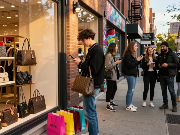 Young adult exploring a vibrant urban storefront for 레플리카 fashion items.
