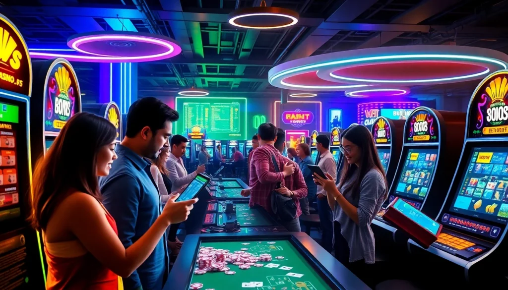 Dynamic casino scene showcasing UU88 online gaming experience with vibrant colors and excited players.