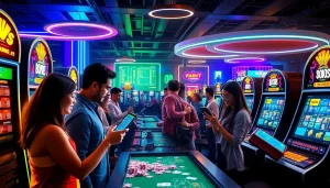 Dynamic casino scene showcasing UU88 online gaming experience with vibrant colors and excited players.