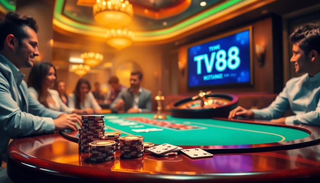Players strategizing at a luxury poker table with engaging excitement at TV88 casino.