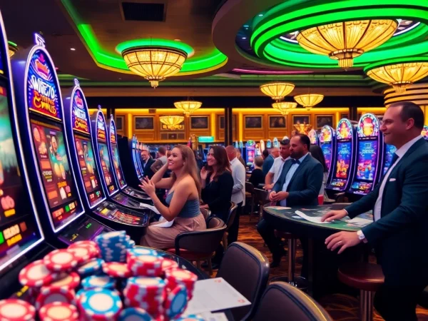Rasakan sensasi kemenangan bonus slot di mesin kasino yang penuh warna bersama para pemain yang bersemangat.