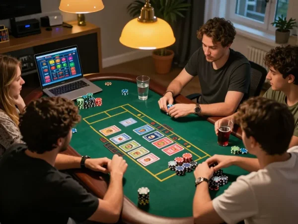 MM88 gaming session featuring friends enjoying a live dealer game with chips and cards visible.