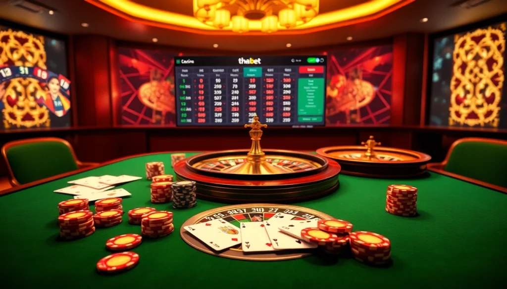 Engage in thrilling games at link thabet casino with vibrant poker chips and a roulette wheel.