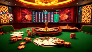 Engage in thrilling games at link thabet casino with vibrant poker chips and a roulette wheel.