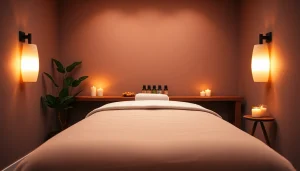 부드러운 조명과 에센셜 오일이 있는 편안한 마사지 치료실