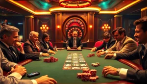 Vivez l'excitation du casino en ligne France avec une partie de poker intense mettant en vedette des jetons colorés et des joueurs concentrés.