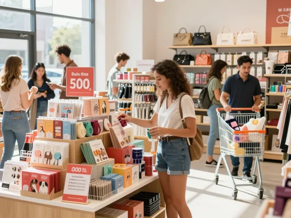 Shopper browsing vibrant displays in a retail space, signifying new offers at https://hubet88.icu/