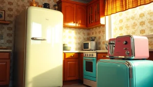 Showcasing a vintage Retro Appliance set amidst a cheerful 1970s kitchen backdrop.