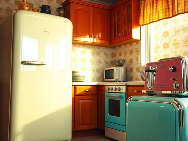 Showcasing a vintage Retro Appliance set amidst a cheerful 1970s kitchen backdrop.