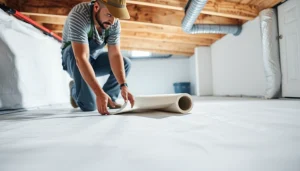 Visual of vapor barrier installation in a crawl space with contractor demonstrating the process.