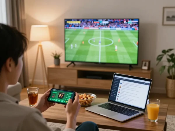 Placing live bets on mobile at https://cakhiatv.design/ while watching football, dynamic home gaming scene
