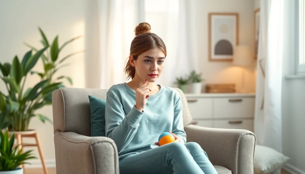 Understanding anxiety symptoms reflected in a woman's expression during a therapy session.