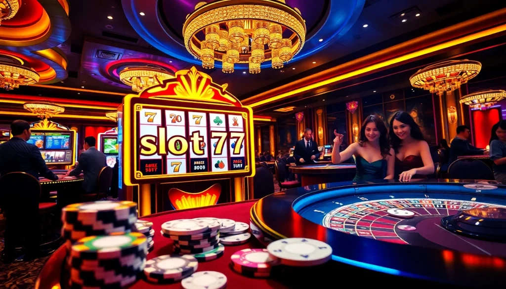 Experience the thrill of winning at slot777 with vibrant casino tables and excited players.