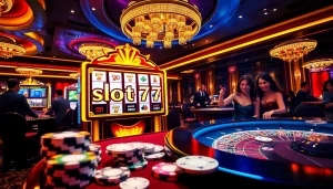 Experience the thrill of winning at slot777 with vibrant casino tables and excited players.