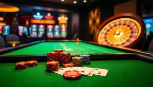 Vivez l'excitation du casino en ligne Français avec une élégante table de poker et des jetons vibrants.
