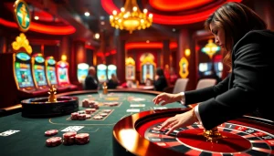 Découvrez l'excitation du casino en ligne Français avec une scène de jeu en ligne époustouflante mettant en avant des jetons de poker et une roulette.