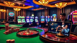Scène passionnante de casino en ligne Français avec des machines à sous vibrantes, des jetons de poker et une roue de roulette.