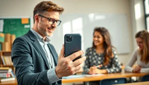 Handytasche Lehrer in einem modernen Klassenzimmer, während ein Lehrer mit Schülern interagiert.