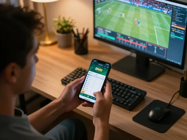 Player using the DN88 app for live sports betting, focusing on strategic betting decisions at home
