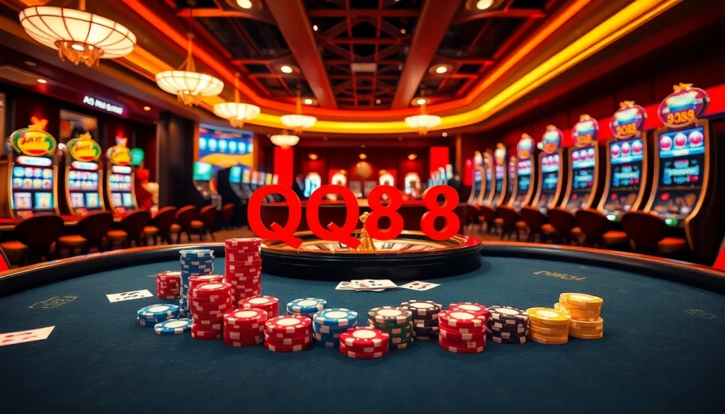 Players enjoy poker at the QQ88 casino with vibrant chips and winning cards on the table.