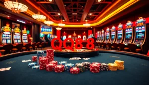 Players enjoy poker at the QQ88 casino with vibrant chips and winning cards on the table.