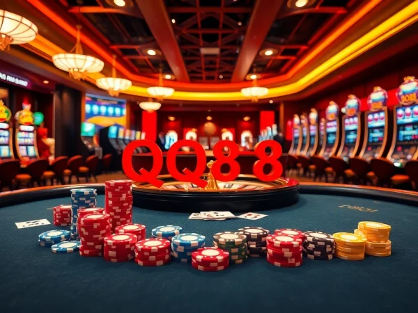 Players enjoy poker at the QQ88 casino with vibrant chips and winning cards on the table.