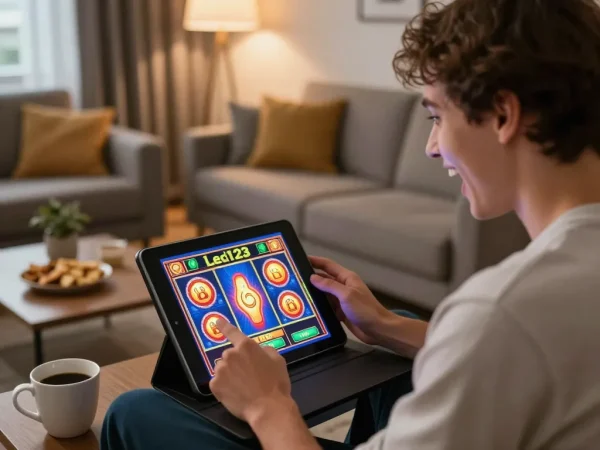 Pemain Leci123 merayakan kemenangan di tablet dalam suasana rumah yang nyaman selama sesi permainan online