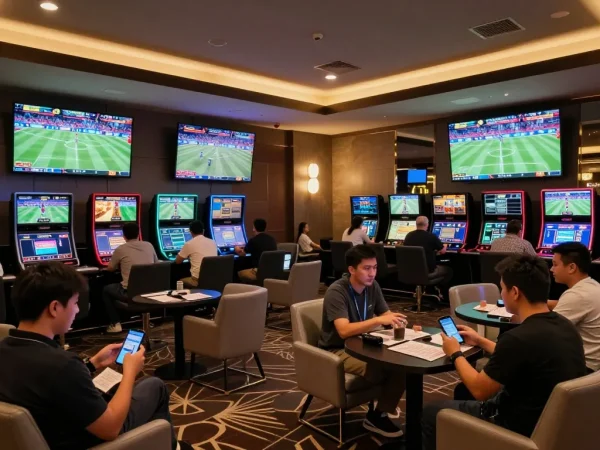 keobongda sports betting enthusiasts analyzing odds in a vibrant casino lounge.
