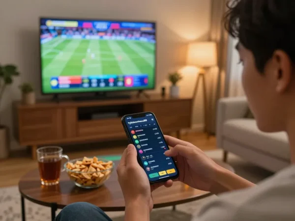Engaging sports betting moment with a user exploring tylekeonhacai88 odds on their smartphone while enjoying a live match.