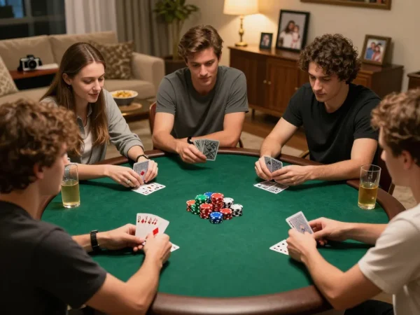 Friends enjoying a strategic poker game at home while discussing their bets, showcasing RR88's casual gaming experience