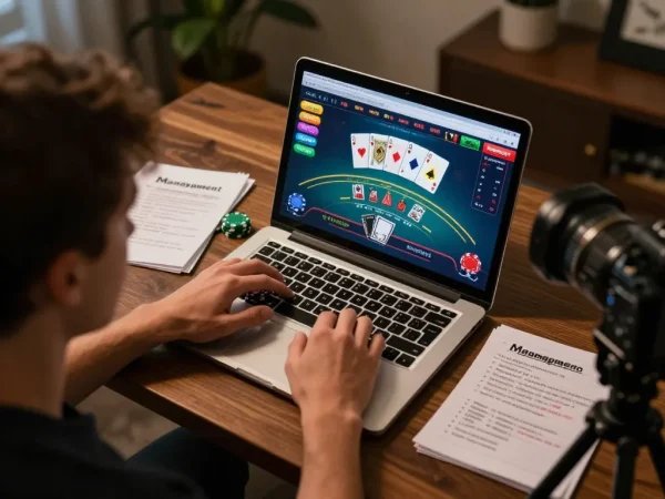Player engaging in strategic blackjack on sc888 platform, showcasing intense focus and online gameplay.