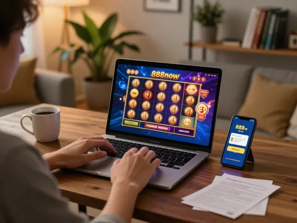 Engaged player enjoying 888now online slots experience on laptop at home with coffee.