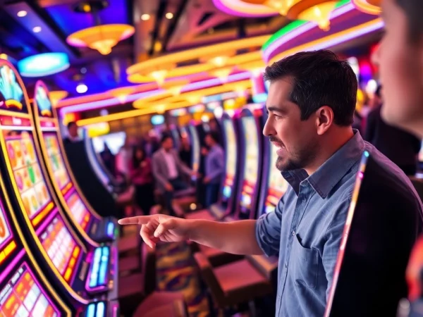 Menampilkan slot aplikasi yang menarik dengan pemain yang bersemangat di casino.