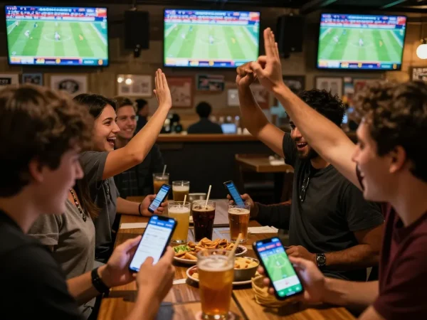 Bongdallu app users actively placing sports bets in a vibrant sports bar, showcasing competitive betting atmosphere.